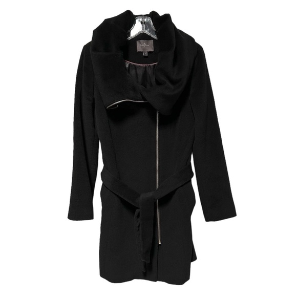 Cole Haan Wool Blend Asymmetrical Belted Black Coat - Picture 1 of 7